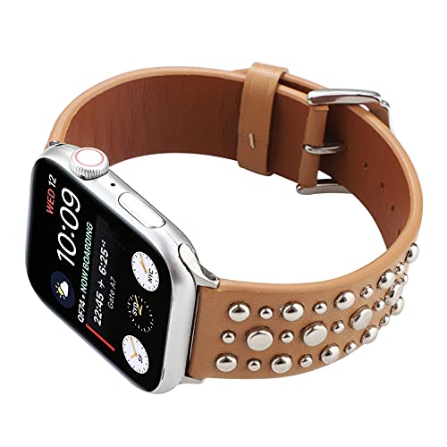 QANXGOG Armband ​für Apple Watch Series 8/7/SE/6/5/4/3/2/1, Kompatibel mit iWatch Armband 45mm 44cm 42mm 41mm 40mm 38mm, Nieten Echtes Leder Uhrenarmband mit Edelstahl Schnalle,Brown,45mm/44mm/42mm von QANXGOG