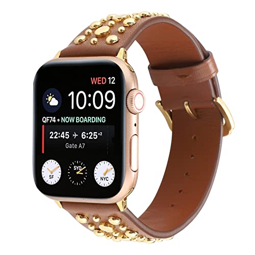 QANXGOG Armband ​für Apple Watch Series 8/7/SE/6/5/4/3/2/1, Kompatibel mit iWatch Armband 45mm 44cm 42mm 41mm 40mm 38mm,Nieten Echtes Leder Uhrenarmband mit Edelstahl Schnalle,C,Brown,45mm/44mm/42mm von QANXGOG