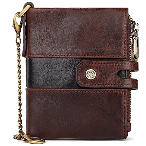 QANXGOG Herren Geldbörsen mit RFID Schutz, Echtleder Portemonnaie Herren in Hochformat mit Kette, Bifold Geldbeutel für Männer, Brieftasche Wallet Portmonee mit 7 Kartenfächer,Brown von QANXGOG