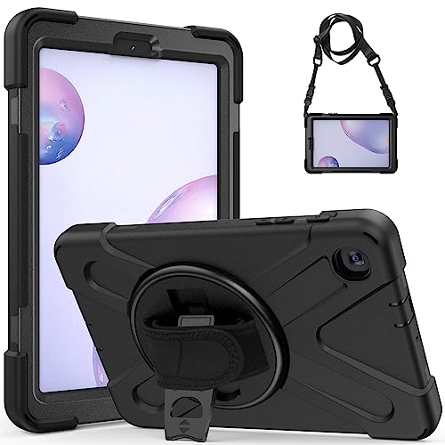 QANXGOG Hülle für Samsung Galaxy Tab S5e 10.5 Zoll 2019 (SM-T720 T725 T727), Stoßfeste Handyhülle mit 360° Drehbarer Ständer und Handgurt, Schultergurt,Black von QANXGOG