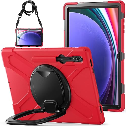 QANXGOG Hülle für Samsung Galaxy Tab S9 Ultra 14.6 Zoll 2023 (SM-X910/X916B/X918U/X900/X906), Stoßfeste Handyhülle mit 360 Drehbarer Handgriffständer, Schultergurt, Stifthalter,Red von QANXGOG