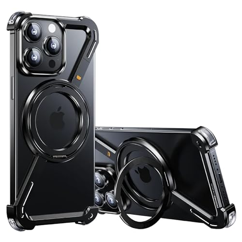 QANXGOG Hülle für iPhone 14 Pro/14 Pro Max, mit Unsichtbarem Ständer, Ultradünne Rahmenlose Metallhülle, Hohle, Stoßfeste Schutzhülle mit Wärmeableitung,Black,15 Pro von QANXGOG