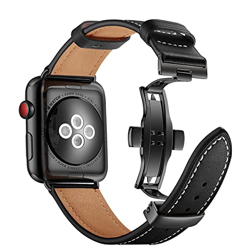 QANXGOG Lederarmband Kompatibel mit Apple Watch Armband 45mm 44mm 42mm 41mm 40mm 38mm, Lederband Ersatzband mit Butterfly Faltschließe für iWatch Series 7 6 5 4 3 2 1 SE,Black/Black,38mm/40mm/41mm von QANXGOG