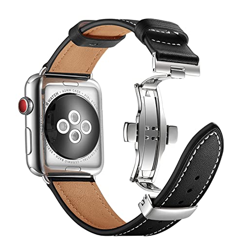 QANXGOG Lederarmband Kompatibel mit Apple Watch Armband 45mm 44mm 42mm 41mm 40mm 38mm, Lederband Ersatzband mit Butterfly Faltschließe für iWatch Series 7 6 5 4 3 2 1 SE,Black/Silver,42mm/44mm/45mm von QANXGOG