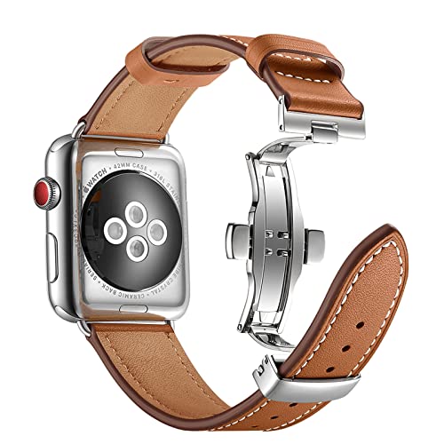 QANXGOG Lederarmband Kompatibel mit Apple Watch Armband 45mm 44mm 42mm 41mm 40mm 38mm, Lederband Ersatzband mit Butterfly Faltschließe für iWatch Series 7 6 5 4 3 2 1 SE,Brown/Silver,38mm/40mm/41mm von QANXGOG