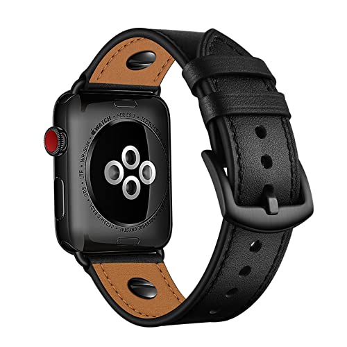 QANXGOG Lederarmband für Apple Watch Armband 45mm 44mm 42mm 41mm 40mm 38mm, Business Echte Leder Ersatzarmband Kompatibel mit iWatch Series 7 6 5 4 3 2 1 SE,Black,42mm/44mm/45mm von QANXGOG