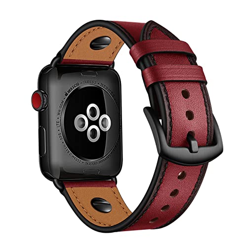 QANXGOG Lederarmband für Apple Watch Armband 45mm 44mm 42mm 41mm 40mm 38mm, Business Echte Leder Ersatzarmband Kompatibel mit iWatch Series 7 6 5 4 3 2 1 SE,Dark Red,38mm/40mm/41mm von QANXGOG