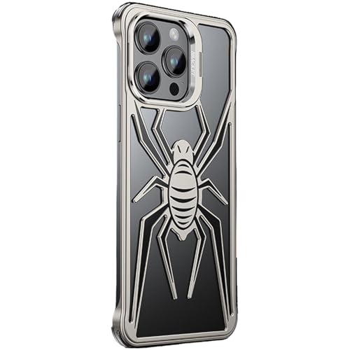 QANXGOG Rahmenlose Metallhülle für iPhone 14 Pro Max/14 Pro/14 Plus/14, Cooles Spinnen-Design mit Ständer, Schlanke, Dünne, Stoßfeste Bumper-Hülle,Titanium,14 Pro von QANXGOG