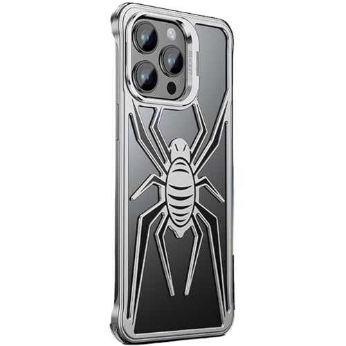 QANXGOG Rahmenlose Metallhülle für iPhone 15 Pro Max/15 Pro/15 Plus/15, Cooles Spinnen-Design mit Ständer, Schlanke, Dünne, Stoßfeste Bumper-Hülle,Silver,15 von QANXGOG