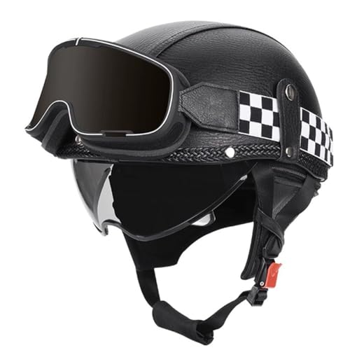 Halbschalenhelm Leder Motorradhelm Mit DOTECE-Zulassung Vintage Deutsche Jethelm Für Damen Und Herren Rollerhelm Cruiser Chopper Motorrad Halbhelme Mit Schutzbrille 3,XL:61-62CM von QAZXCVB