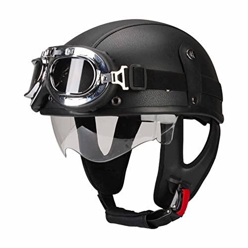 Retro Leder Halbhelme Halbschalenhelm Jethelm mit Schutzbrille und Visier ECE/DOT Zertifiziert Rollerhelm Mopedhelm Cruiser Anti-Collision Helmet Scooter-Helm 6,L=59-60cm von QAZXCVB