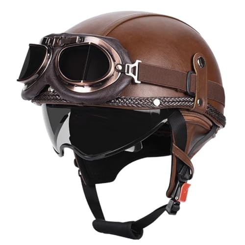 Retro Motorrad Halbhelme Motorradhelm Für Herren Damen DOTECE-Zertifizierung Leder Jethelm Mit Visier Halbschalenhelm Braincap Für Bike Cruiser Moped Scooter Offenem Helm 2,M:57-58CM von QAZXCVB