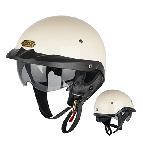 Retro Motorrad Helm ECE Zulassungiber Brain-Cap Halbschale Jet-Helm Roller-Helm Für Damen Herren Mit Built-In Visier Scooter Offenem Helm Sturzhelme 1,3XL von QAZXCVB