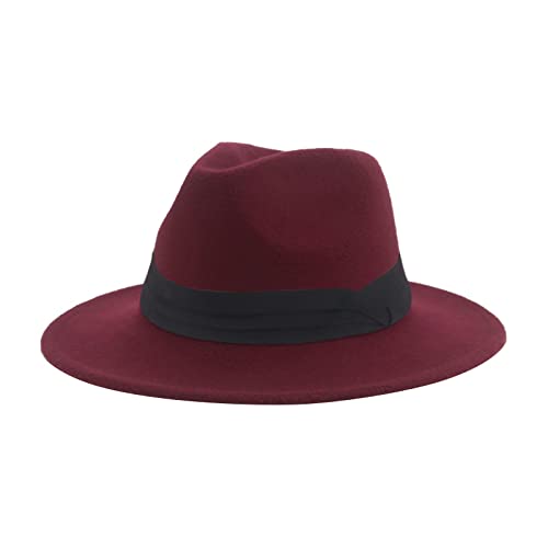 QBQZXAOSOWH Fedora Trilby Hüte Für Damen Fedoras Hüte Classic Panama Herren Breite Krempe Filzhut Kirche Hochzeit Filzband 52-54Cm (Kinder) Wein-Schwarz von QBQZXAOSOWH