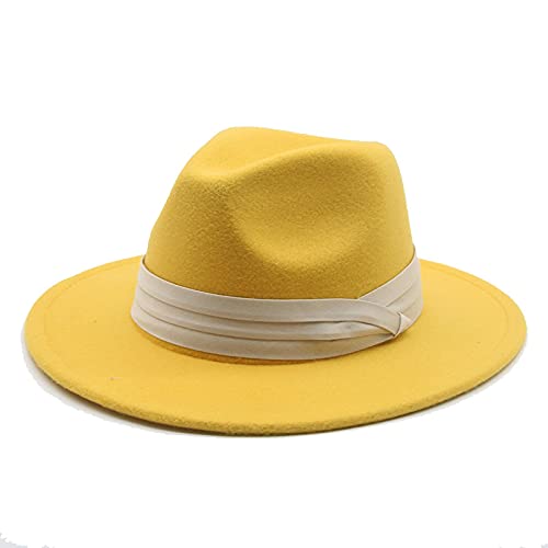 QBQZXAOSOWH Fedora Trilby Hüte Für Frauen Fedoras Hüte Klassische Panama-Männer Breite Krempe Filzhut Kirche Hochzeit Filzband 56-58 cm (Erwachsene) Gelb von QBQZXAOSOWH