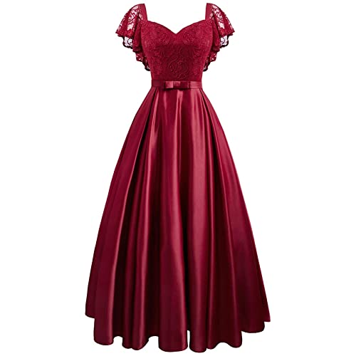 QBQZXAOSOWH Hübsche Kleider Dress Damen Plus Size Elegante Party Maxikleid Frauen Kurzarm Spitze Hohe Taille Langes Kleid Bowknot Kleider XXL Burgund von QBQZXAOSOWH