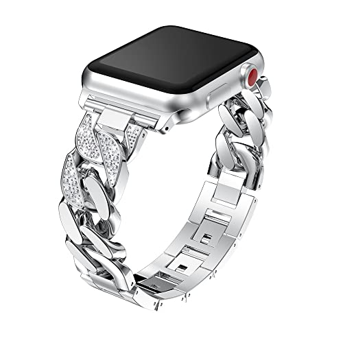 Edelstahl Ersatzarmbänder Silber Kompatibel mit Apple Watch 8 45mm, Bling Glitzer Band Metall Uhrenarmband Armband Ersatzbänder Kompatibel mit iWatch 42mm 44mm 45mm 49mm Serie Ultra SE 8 7 6 5 4 3 2 1 von QBYVQQN