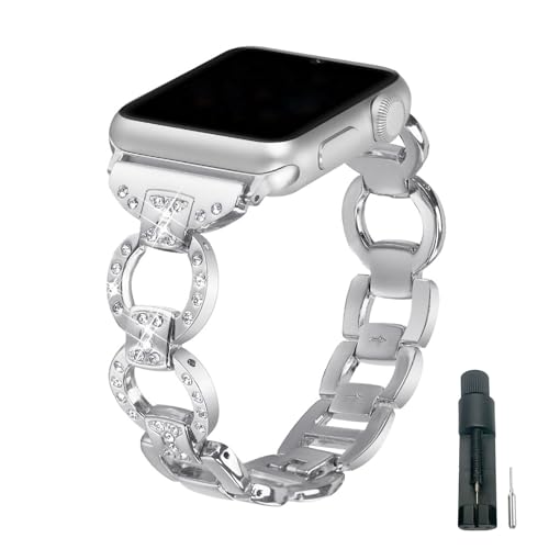 Ersatzarmband Edelstahl Kompatibel mit Apple Watch SE 40mm, Bling Glitzer Einstellbar Metall Uhrenarmband Armband Ersatzbänder Kompatibel mit iWatch 42mm 44mm 45mm 49mm Serie Ultra 9 8 7 6 5 4 3 2 1 von QBYVQQN