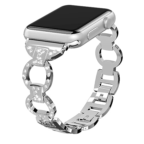 Ersatzarmband Edelstahl Silber Kompatibel mit Apple Watch 8 41mm, Bling Glitzer Einstellbar Metall Strap Uhrenarmband Armband Ersatzbänder Kompatibel mit iWatch 38mm 40mm 41mm Serie SE 8 7 6 5 4 3 2 1 von QBYVQQN