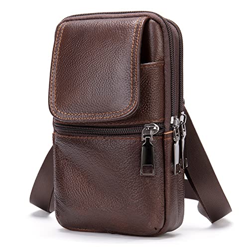 Schultertaschen Handy Leder Herren, Handy Gürteltasche Leder Braun, Vertikal Handytasche zum Umhängen wasserdichte Reißverschluss Umhängetaschen Leder Hüfttasche Schultertasche mit Gürtelschlaufe von QBYVQQN