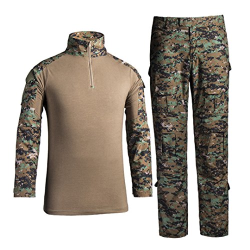 QCHENG Taktisches Hemd Militärhemd und Hose Airsoft Männer Langarm BDU Combat Camouflage Camo Kampf T-Shirt für Tactical Paintball Uniform Armee (Digitaler Dschungel L) von QCHENG