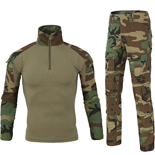 QCHENG Taktisches Hemd Militärhemd und Hose Airsoft Männer Langarm BDU Combat Camouflage Camo Kampf T-Shirt für Tactical Paintball Uniform Armee (Grün XS) von QCHENG
