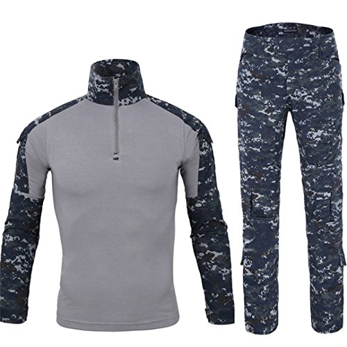 QCHENG Taktisches Hemd Militärhemd und Hose Airsoft Männer Langarm BDU Combat Camouflage Camo Kampf T-Shirt für Tactical Paintball Uniform Armee (Navy blau L) von QCHENG