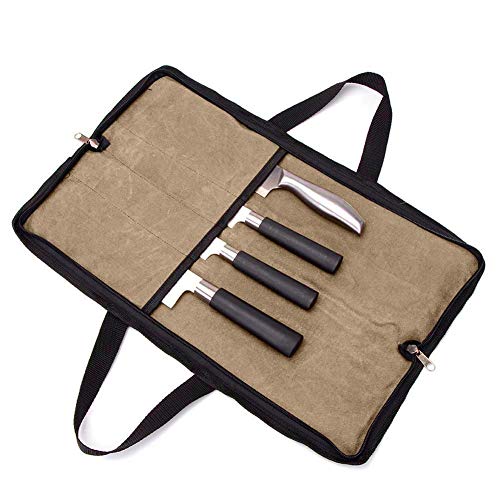 QEES Kochmesser-Tasche Messertasche mit 2 Handgriffen, 4 Fächer, Reißverschluss, Küchenwerkzeugtasche HYGJB440 (Kaki) von QEES