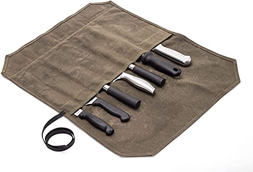 QEES Kochmesser-Rolltasche mit 7 Steckplätzen, gewachstes Canvas-Kochmesser-Koffer, Werkzeug-Rolltasche, Klingen-Aufbewahrungskoffer, Khaki (Khaki) von QEES