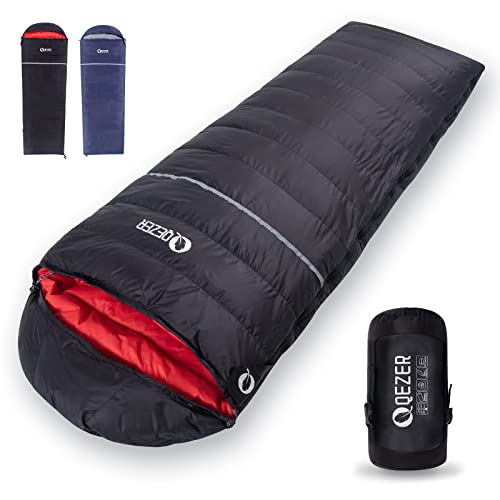 QEZER Schlafsack Winter Outdoor -10C° Leichter Warmer Daunenschlafsack mit 620FP Premium Daunen für Camping, Wandern und Trekking Outdoor(EIN einziger Rechter Reißverschluss) von QEZER
