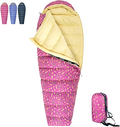 QEZER Kinderschlafsack,Ultraleicht Schlafsack Kleines Packmaß für Junge und Mädchen Camping Outdoor mit Premium 600FP Daunen (Rosa) von QEZER
