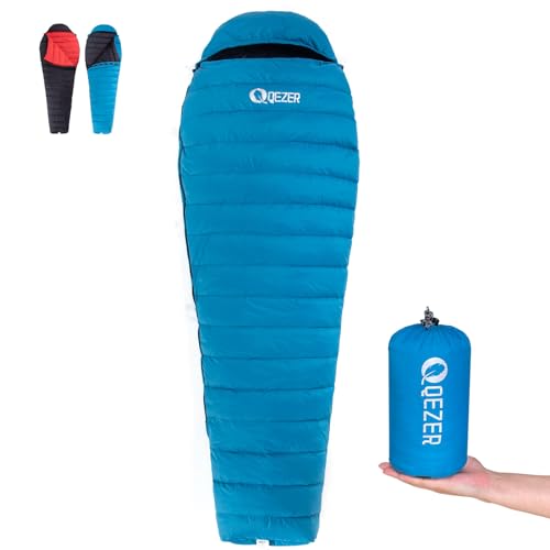 QEZER Daunenschlafsack, Ultralight Schlafsack mit 660FP Daunen Schalfsack kleines Packmaß bis -5°C, nur 820g Trekking Schlafsack für Camping und Wandern Outdoor 4 Jahreszeiten (Blau) von QEZER