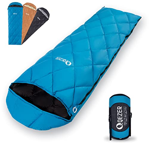 QEZER Daunenschlafsack Ultraleicht Schlafsack mit 600FP Daunen Schlafsack kleines Packmaß für Erwachsener und Kinder Camping, Trekking und Wandern Outdoor(Blau) von QEZER
