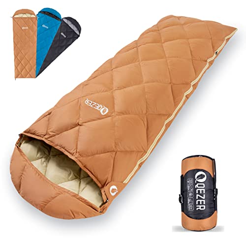 QEZER Daunenschlafsack Ultraleicht Schlafsack mit 600FP Daunen Schlafsack kleines Packmaß für Erwachsener und Kinder Camping, Trekking und Wandern Outdoor (Gelb) von QEZER
