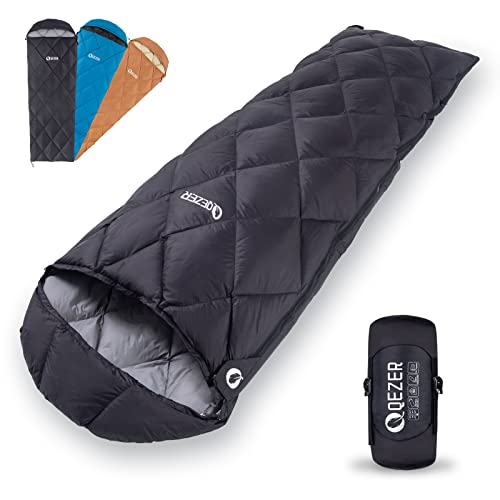 QEZER Daunenschlafsack Ultraleicht Schlafsack mit 600FP Daunen Schlafsack kleines Packmaß für Erwachsener und Kinder Camping, Trekking und Wandern Outdoor (Schwarz) von QEZER