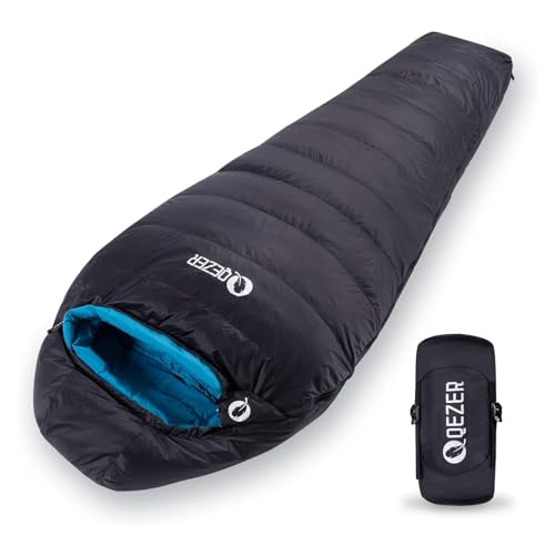 QEZER Daunenschlafsack Warmer Leichter Schlafsack kleines Packmaß 5°C bis -10°C Daunen Schlafsack 4 Jahreszeiten für Camping,Wandern und Trekking (Schwarz 5°C) von QEZER