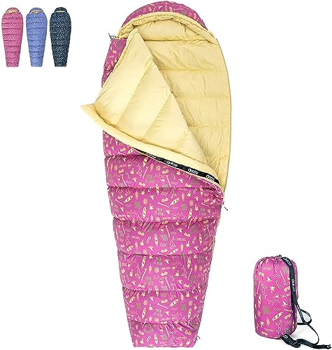 QEZER Kinderschlafsack,Ultraleicht Schlafsack Kleines Packmaß für Junge und Mädchen Camping Outdoor mit Premium 600FP Daunen (Pink-L) von QEZER