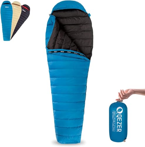 QEZER Daunenschlafsack, nur 620g Ultraleicht Daunen Schlafsack Kleines Packmaß für Sommer Camping,Trekking und Wandern Outdoor (Blue-UK) von QEZER