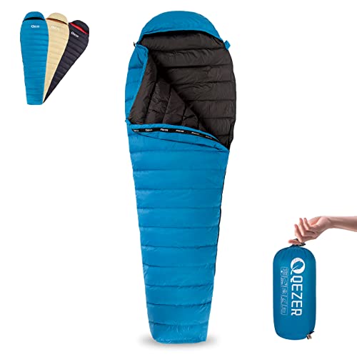 QEZER Daunenschlafsack, nur 620g Ultraleicht Daunen Schlafsack Kleines Packmaß für Sommer Camping,Trekking und Wandern Outdoor (Black-UK) (Blau) von QEZER