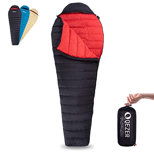 QEZER Sommer-Daunenschlafsack für Erwachsene – nur 620g Ultraleicht 15C° 25C° 600 Fill Power Schlafsack für Camping und Wandern Outdoor mit kostenlosem Kompressionssack (schwarz) von QEZER