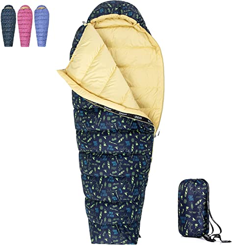 QEZER Kinderschlafsack,Ultraleicht Schlafsack Kleines Packmaß für Junge und Mädchen Camping Outdoor mit Premium 600FP Daunen (Blau) von QEZER