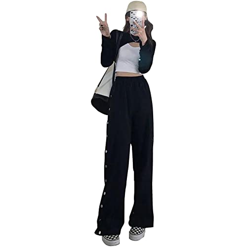 Damen Reha Hose mit seitlicher Knopfleiste Button Up Sweathose Fitness Sporthose Streifen Sweatpants Seitliche Schnalle Sportswear Sporthose Casual Loose Basketball Trainingshose für Frauen,A,XL von QGNDS