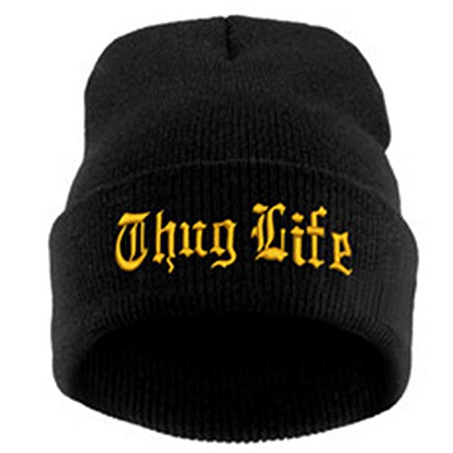 QIANWEIXI Beanie Herren Winter Black Letter Hat Für Männer Thug Life Strickmützen Männlich Weiblich Winter Skullies Und Beanies Frauen Casual Hüte Caps Black_Gold von QIANWEIXI