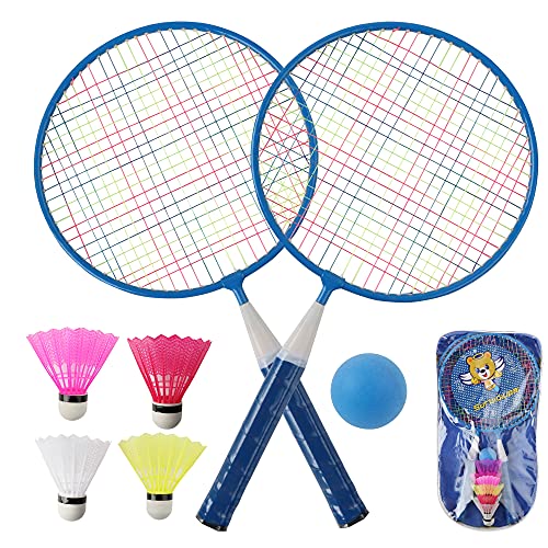 QKTYB Federball Set Kinder, Badminton-Set für Kinder, 1 Paar Badmintonschläger-Set, leicht, mit 2 Badmintonschlägern, 4 Federbällen, 1 Schwammball für Indoor Outdoor mit Tragetasche (blau) von QKTYB