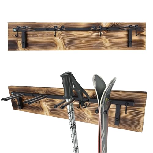 QLS Skihalterung S3 Wand Skihalter für 4 Paare 83 cm Stahl Holz hölzerne Hakenleiste Nordic Walking Trekking Stöcke Skiträger von QLS