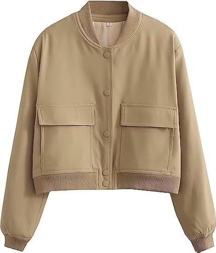 QLXYYFC Crop Street Bomberjacke für Damen, lässig, einfarbig, Uni-Jacke mit Knöpfen und Zwei großen Taschen (Color : Brown, Size : L) von QLXYYFC