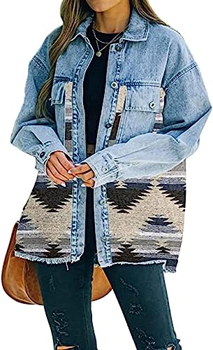 QLXYYFC Damen-Jeansjacke mit geometrischem Muster, geknöpft, Vintage-Stil, Distressed-Optik (Color : 2, Size : S) von QLXYYFC