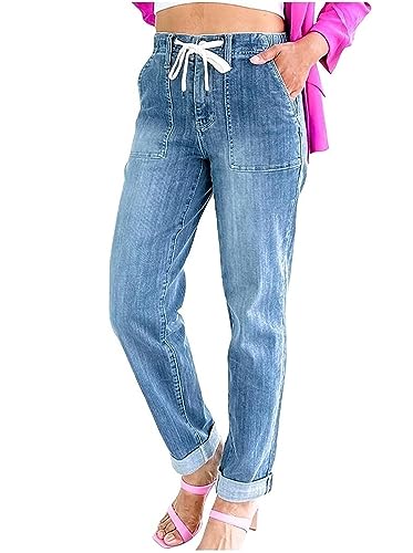 QLXYYFC Damen Lässig High Waist Jeans Baggy Jeans Damen Stretch Hosen mit Kordelzug Elastische (Color : Blue, Size : 3XL) von QLXYYFC