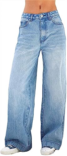 QLXYYFC Schlaghose Damen Jeans Wide Leg Baggy Jeans Damen High Waist Stretch Hosen Damen Jeans mit Taschen Größe:XS-XXL (Color : Blue, Size : XS) von QLXYYFC
