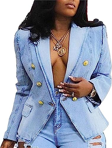 QLXYYFC Tailored-Blazer aus Denim mit schmaler Passform für Damen, Zweireihige Jeansjacke mit Pattentaschen (Color : Light Blue, Size : XL) von QLXYYFC